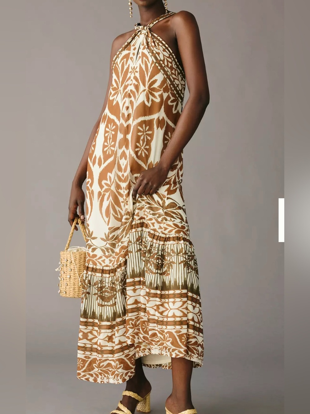 Anthropologie Vineet Bahl Printed Halter Midi Brown White Dress size XS